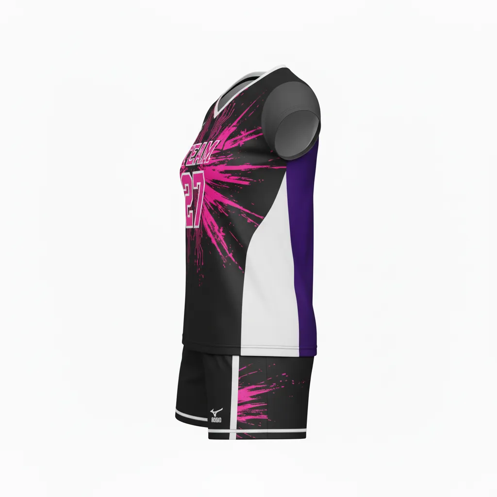 Custom Volleyball Volleyball Uniform - Black - Complete Uniform Neon Pink Circuit Pattern - Side View - HAMCO Sports Inc.
