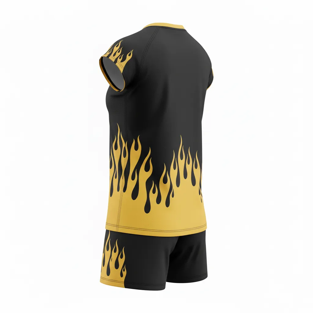 Custom Volleyball Volleyball Uniform - Black, Gold - Complete Uniform Vegas Flame Design - Back View - HAMCO Sports Inc.
