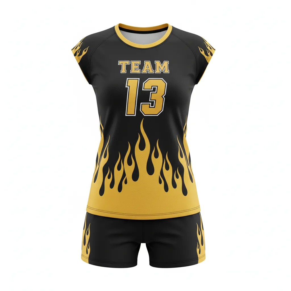 Custom Volleyball Volleyball Uniform - Black, Gold - Complete Uniform Vegas Flame Design - Front View - HAMCO Sports Inc.