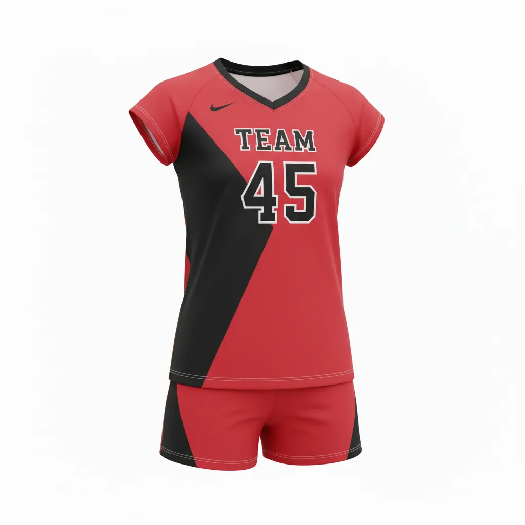 Custom Volleyball Volleyball Uniform - Red, Black - Complete Uniform Cardinal Slash Design - Front View - HAMCO Sports Inc.