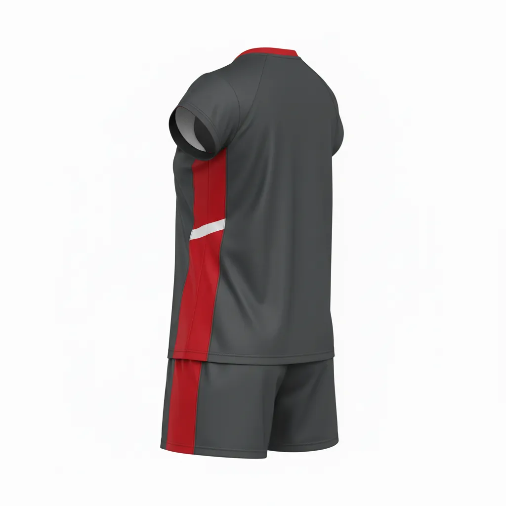 Custom Volleyball Volleyball Uniform - Grey, Red - Complete Uniform Charcoal Athletic Side Stripe - Back View - HAMCO Sports Inc.