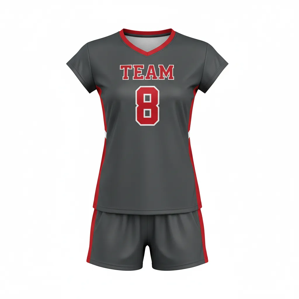 Custom Volleyball Volleyball Uniform - Grey, Red - Complete Uniform Charcoal Athletic Side Stripe - Front View - HAMCO Sports Inc.