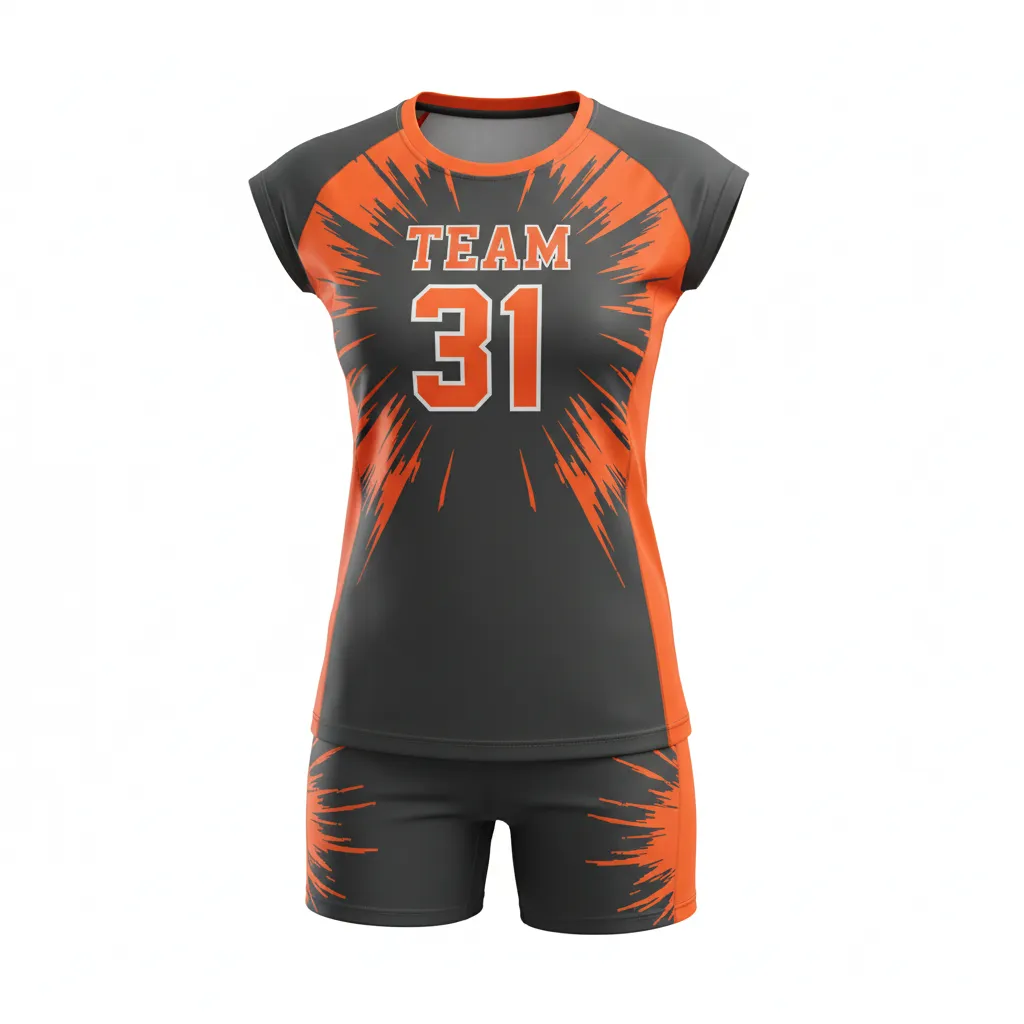 Custom Volleyball Volleyball Uniform - Grey, Orange - Complete Uniform Charcoal Neon Burst - Front View - HAMCO Sports Inc.