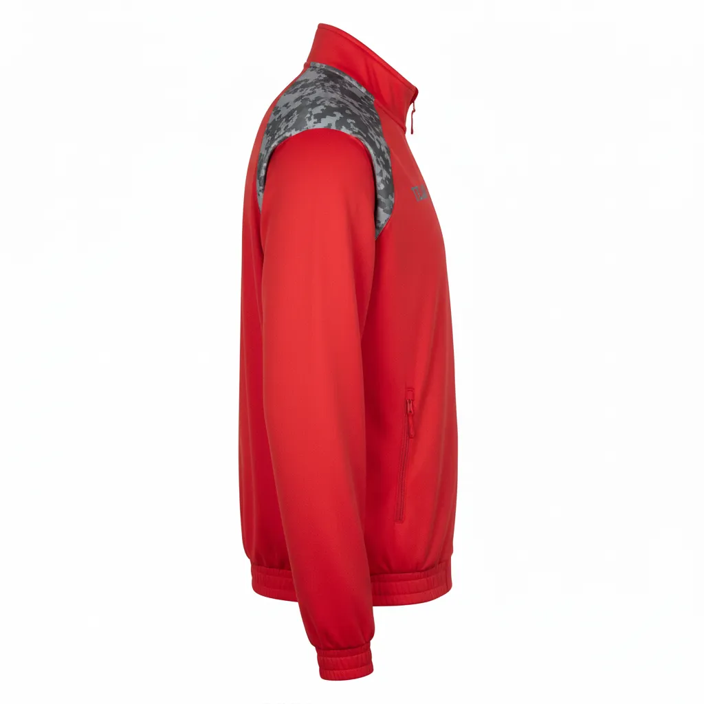 Custom Volleyball Warm Up Jacket - Red, Grey - Warmup Jacket Athletic Camo Pattern - Side View - HAMCO Sports Inc.