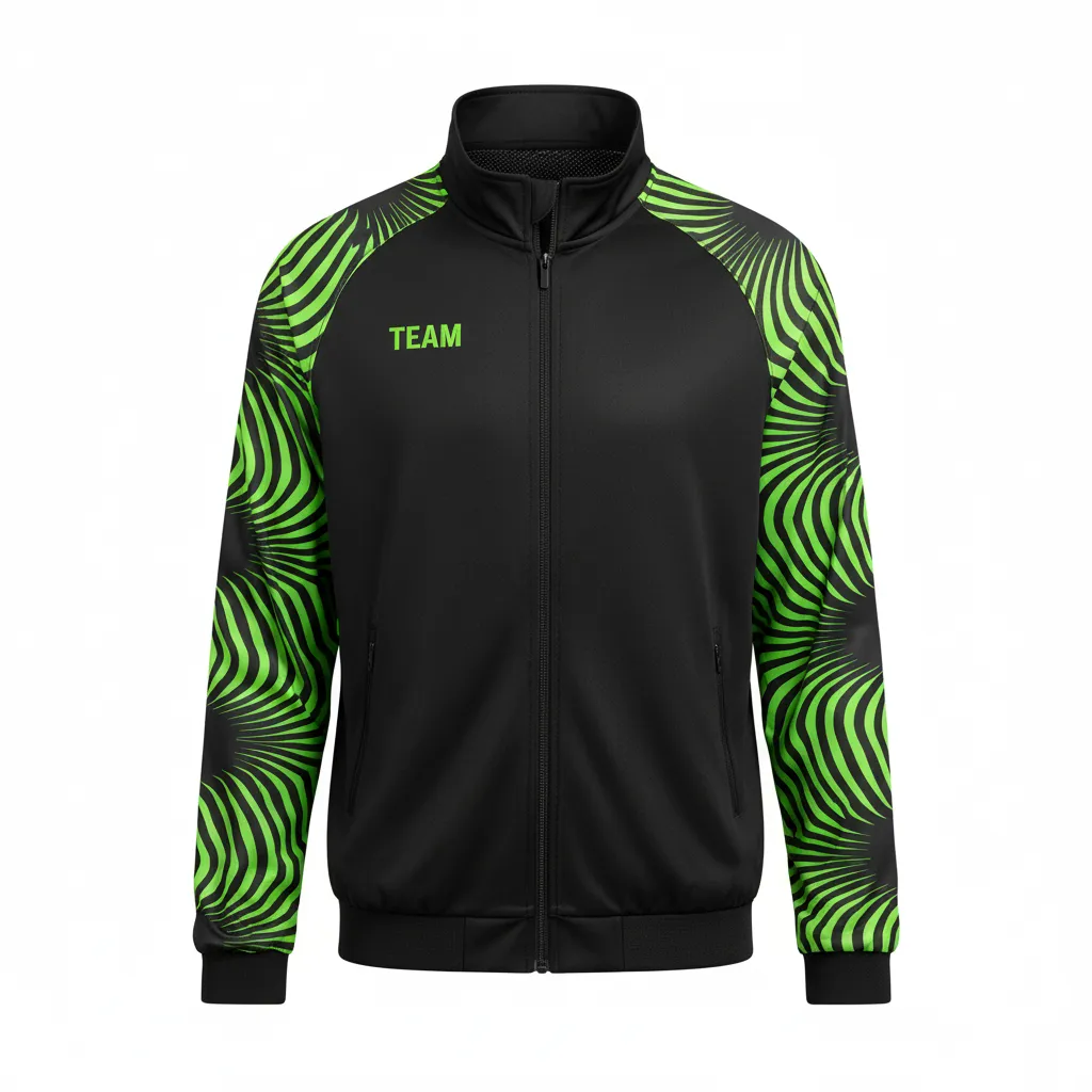 Custom Volleyball Warm Up Jacket - Black, Green - Warmup Jacket Neon Wave Pattern - Front View - HAMCO Sports Inc.