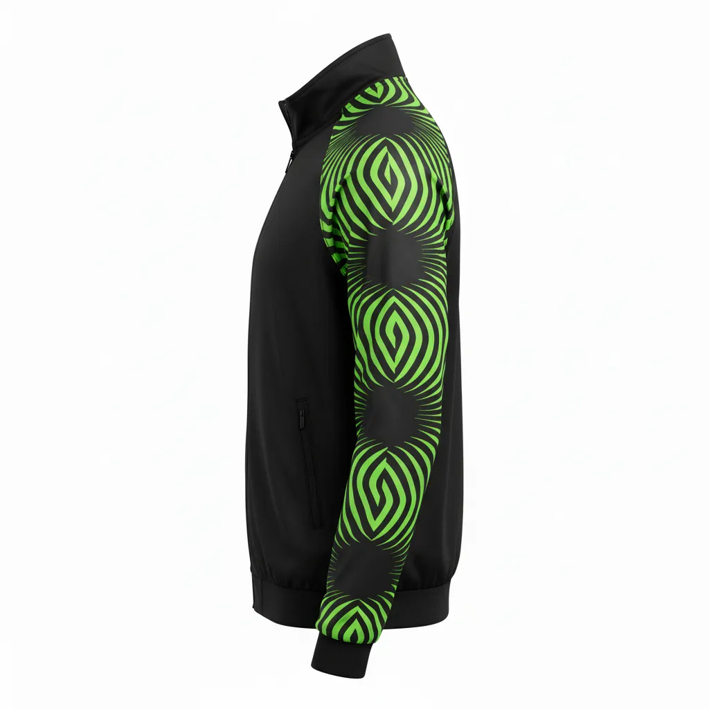 Custom Volleyball Warm Up Jacket - Black, Green - Warmup Jacket Neon Wave Pattern - Side View - HAMCO Sports Inc.