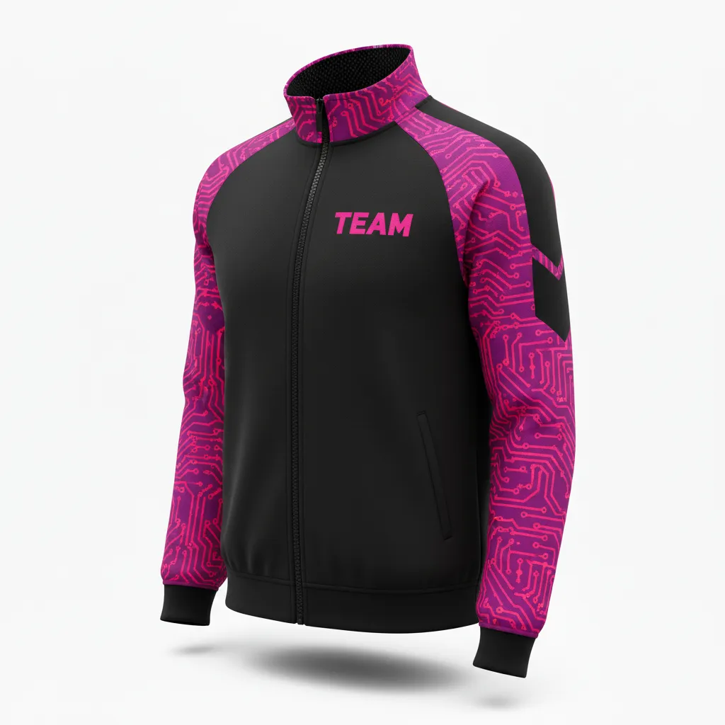 Custom Volleyball Warm Up Jacket - Black - Warmup Jacket Neon Pink Circuit Pattern - Front View - HAMCO Sports Inc.