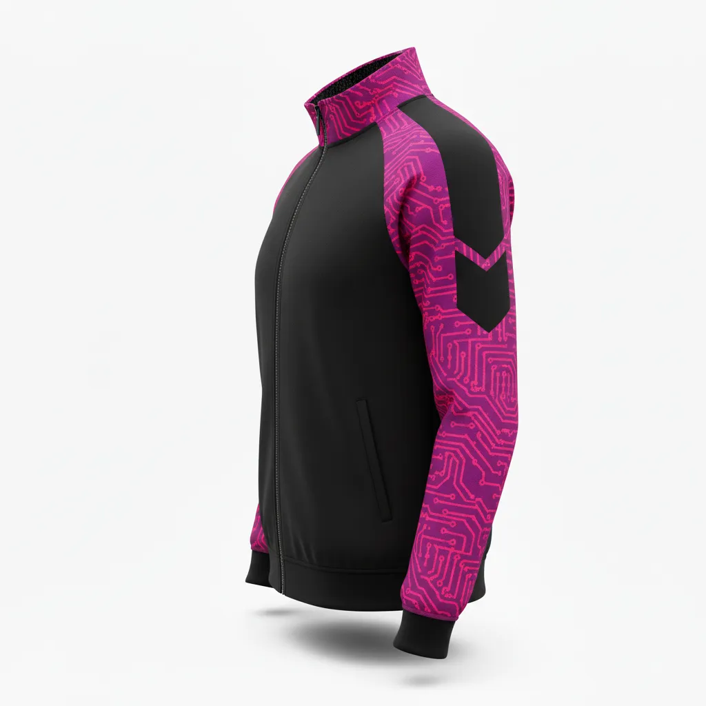 Custom Volleyball Warm Up Jacket - Black - Warmup Jacket Neon Pink Circuit Pattern - Side View - HAMCO Sports Inc.
