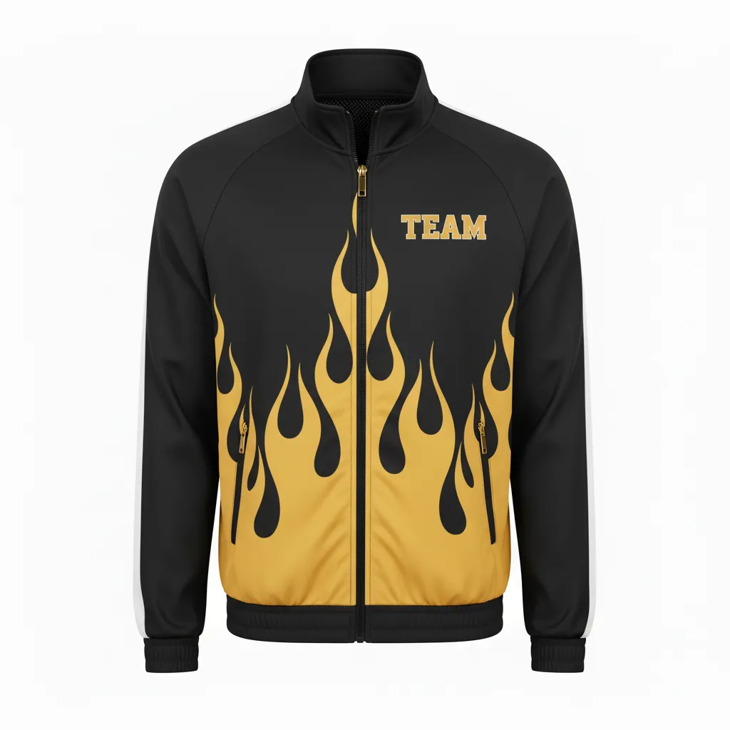 Custom Volleyball Warm Up Jacket - Black, Gold - Warmup Jacket Vegas Flame Design - Front View - HAMCO Sports Inc.