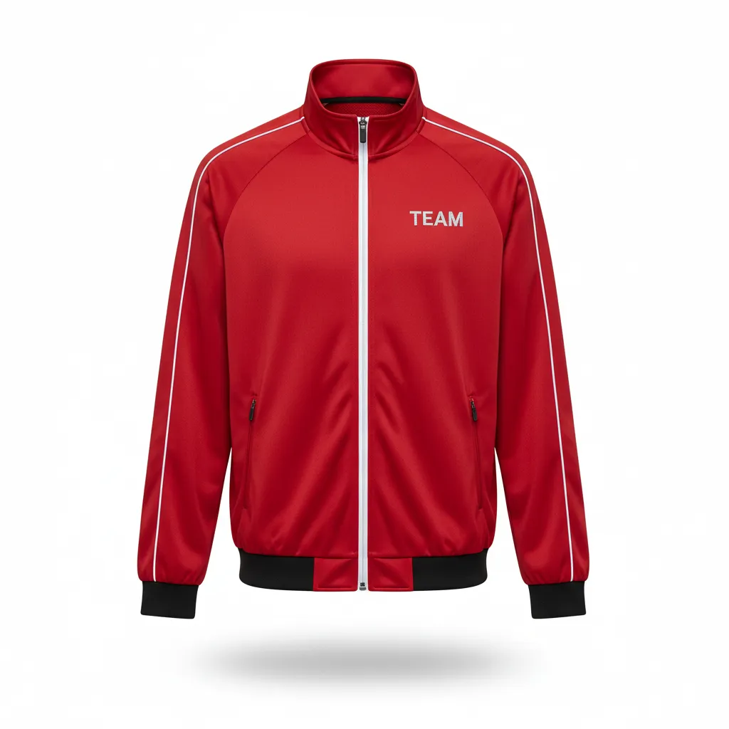 Custom Volleyball Warm Up Jacket - Red, White - Warmup Jacket Cardinal Minimalist Accent - Front View - HAMCO Sports Inc.