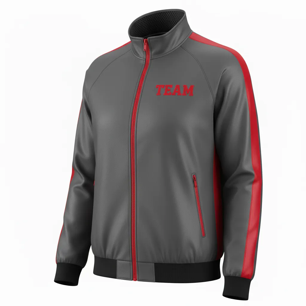 Custom Volleyball Warm Up Jacket - Grey, Red - Warmup Jacket Charcoal Athletic Side Stripe - Front View - HAMCO Sports Inc.