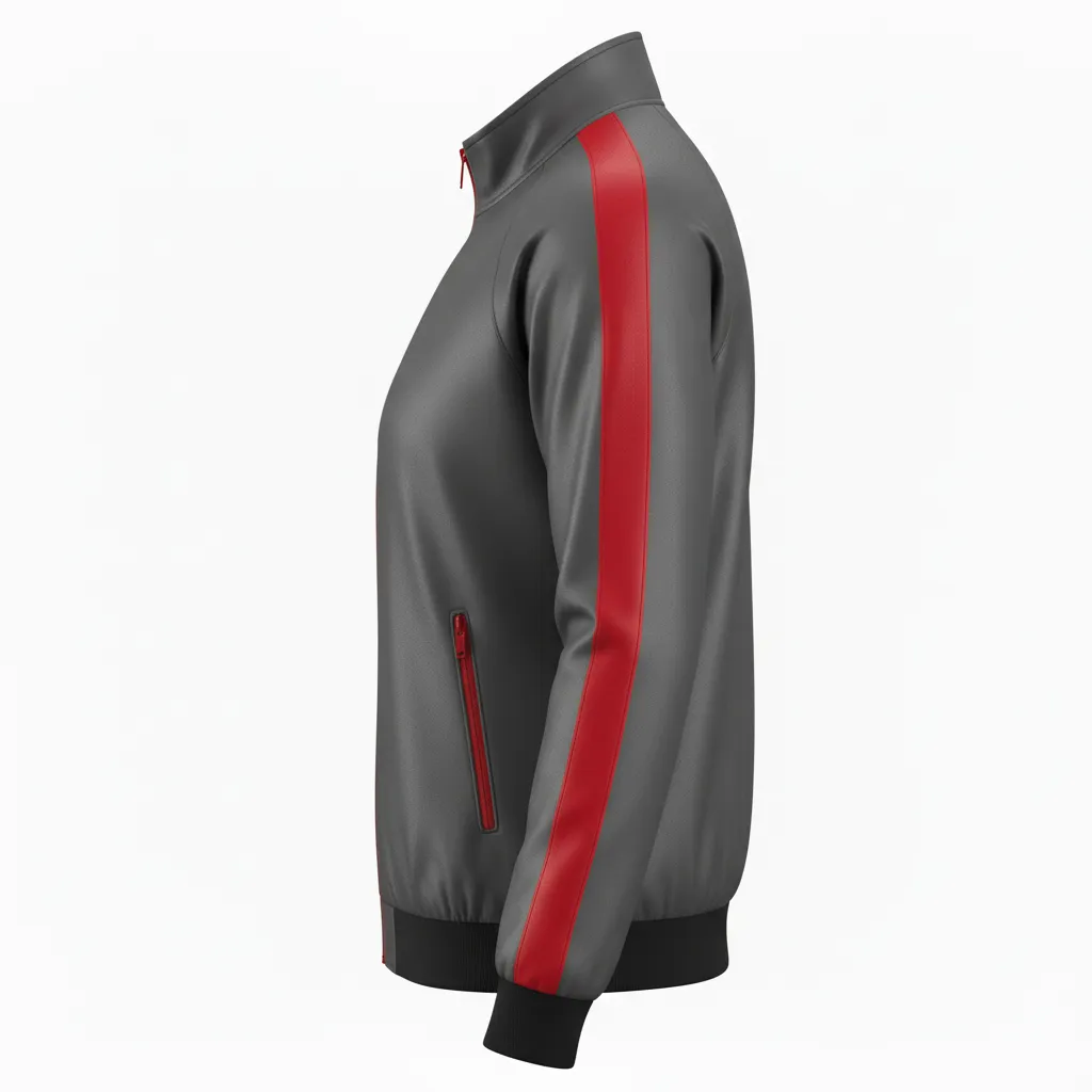 Custom Volleyball Warm Up Jacket - Grey, Red - Warmup Jacket Charcoal Athletic Side Stripe - Side View - HAMCO Sports Inc.