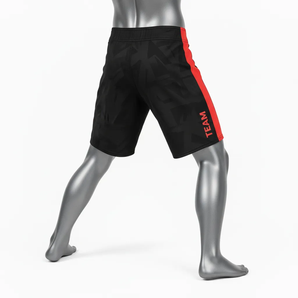 Custom Wrestling Board Style Fight Shorts - Black, Red - Board Shorts Panel - Back View - HAMCO Sports Inc.