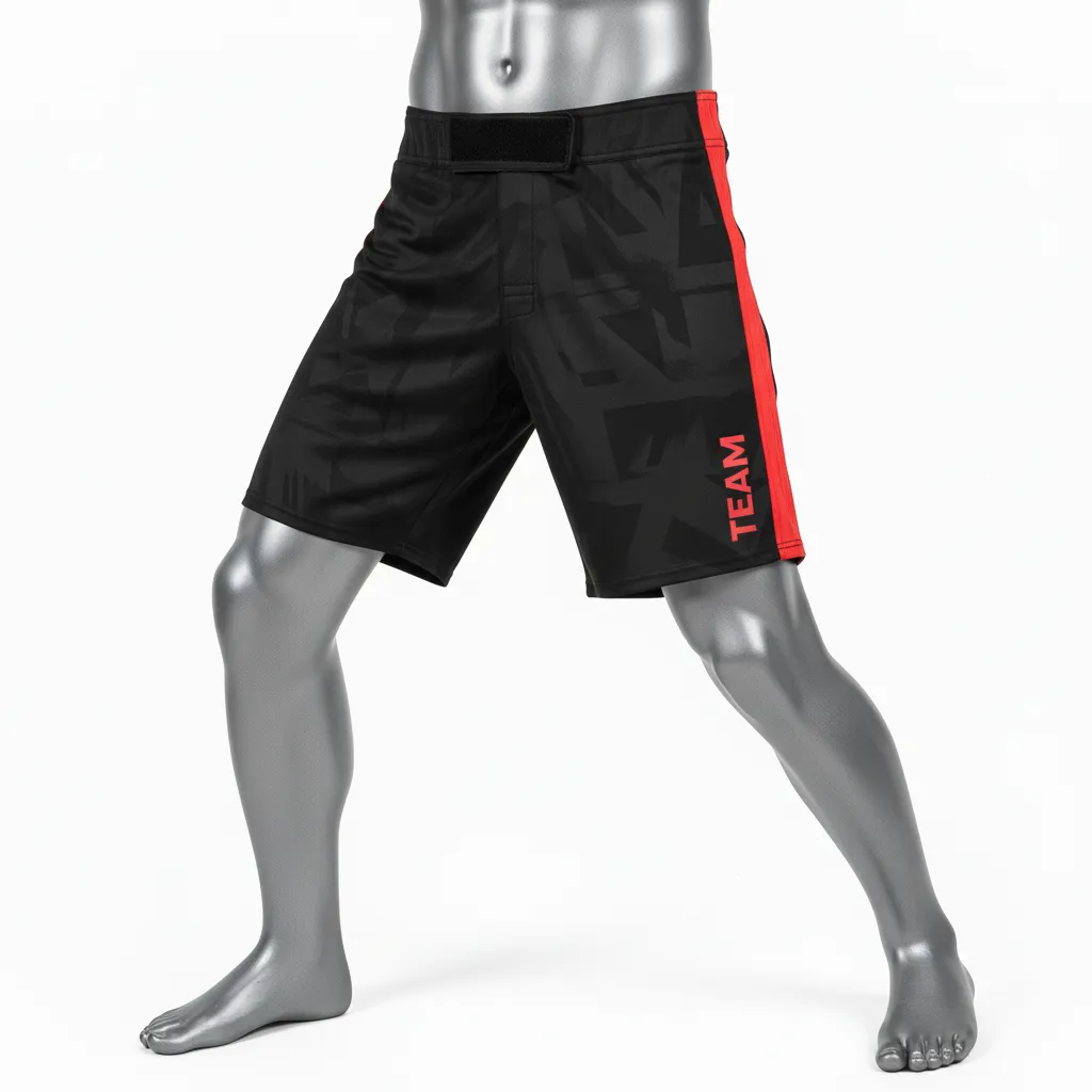 Custom Wrestling Board Style Fight Shorts - Black, Red - Board Shorts Panel - Front View - HAMCO Sports Inc.
