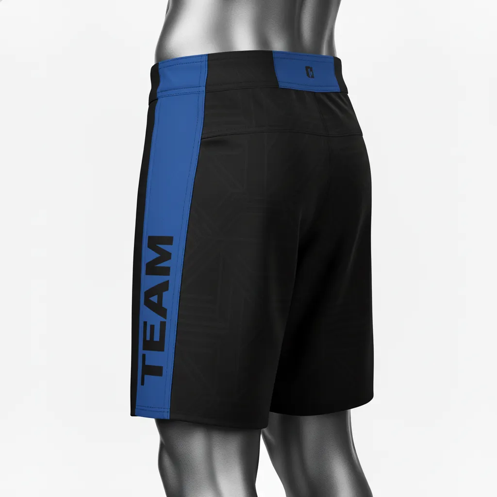 Custom Wrestling Board Style Fight Shorts - Black - Board Shorts Royal Panel - Back View - HAMCO Sports Inc.