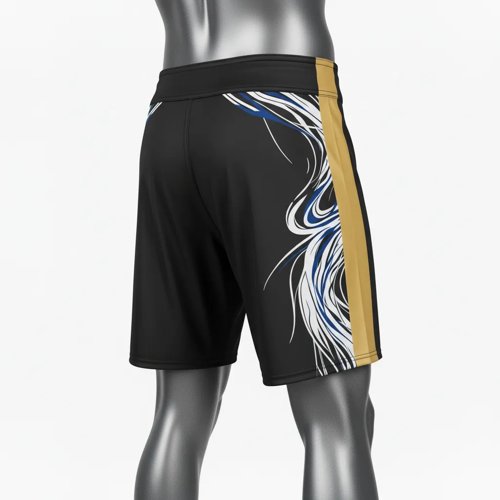Custom Wrestling Board Style Fight Shorts - Black, Gold - Board Shorts Vegas Stripe - Back View - HAMCO Sports Inc.