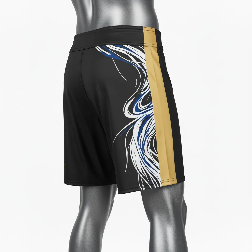 Custom Wrestling Board Style Fight Shorts - Black, Gold - Board Shorts Vegas Stripe - Side View - HAMCO Sports Inc.