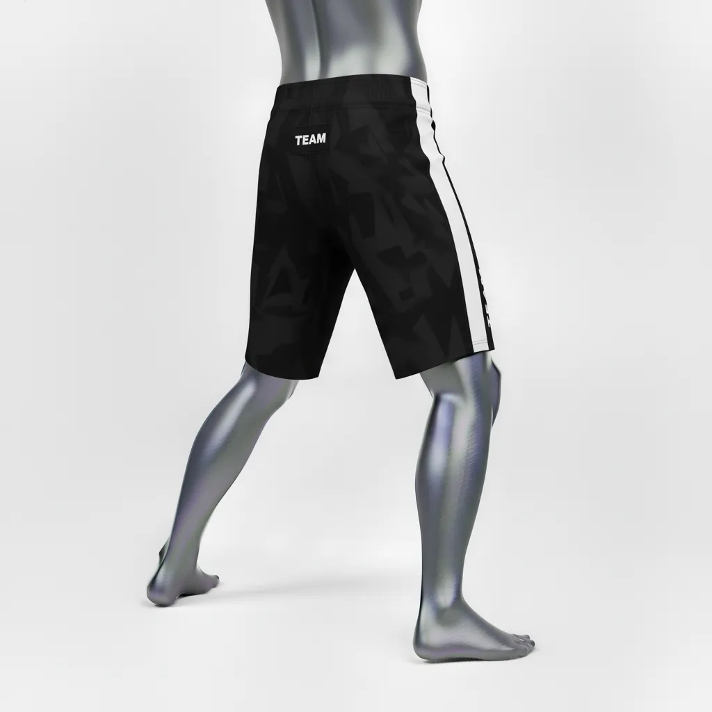 Custom Wrestling Board Style Fight Shorts - Black, White - Board Shorts Panel - Back View - HAMCO Sports Inc.