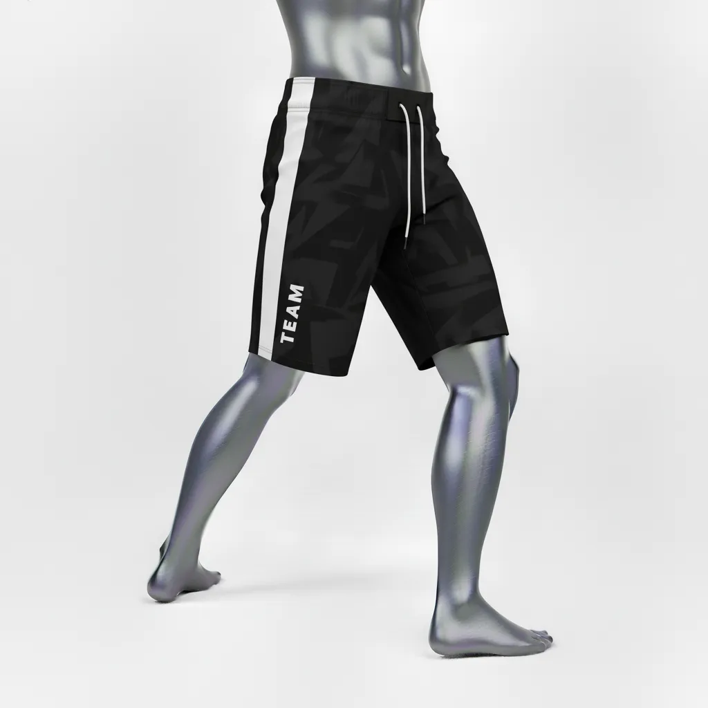 Custom Wrestling Board Style Fight Shorts - Black, White - Board Shorts Panel - Front View - HAMCO Sports Inc.