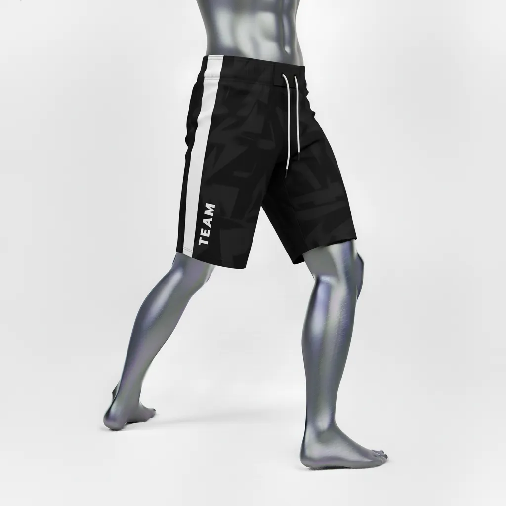 Custom Wrestling Board Style Fight Shorts - Black, White - Board Shorts Panel - Side View - HAMCO Sports Inc.