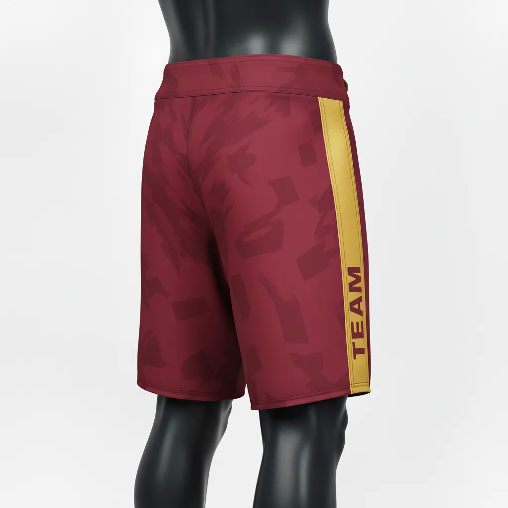Custom Wrestling Board Style Fight Shorts - Burgundy, Gold - Board Shorts Vegas Panel - Front View - HAMCO Sports Inc.