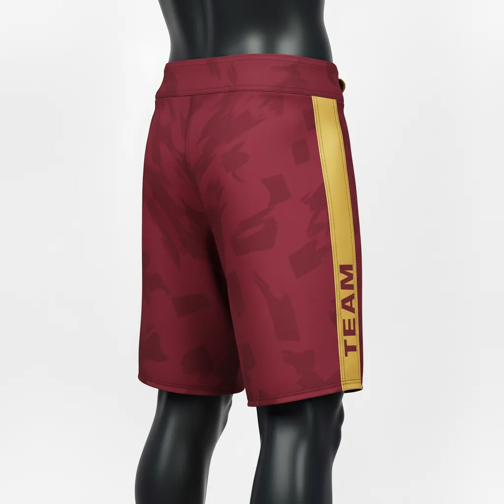 Custom Wrestling Board Style Fight Shorts - Burgundy, Gold - Board Shorts Vegas Panel - Side View - HAMCO Sports Inc.