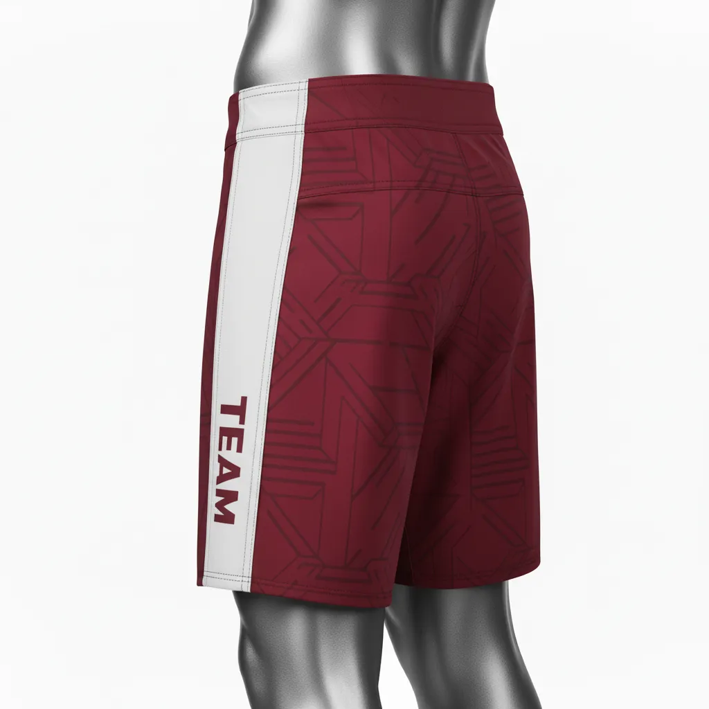 Custom Wrestling Board Style Fight Shorts - Burgundy, White - Board Shorts Panel - Back View - HAMCO Sports Inc.