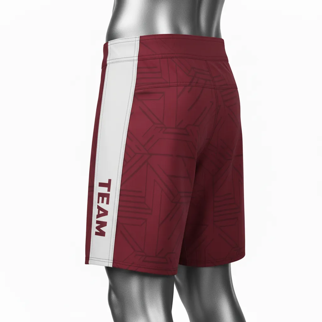 Custom Wrestling Board Style Fight Shorts - Burgundy, White - Board Shorts Panel - Front View - HAMCO Sports Inc.