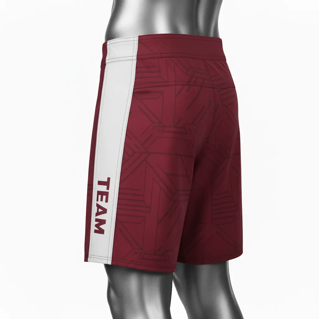 Custom Wrestling Board Style Fight Shorts - Burgundy, White - Board Shorts Panel - Side View - HAMCO Sports Inc.