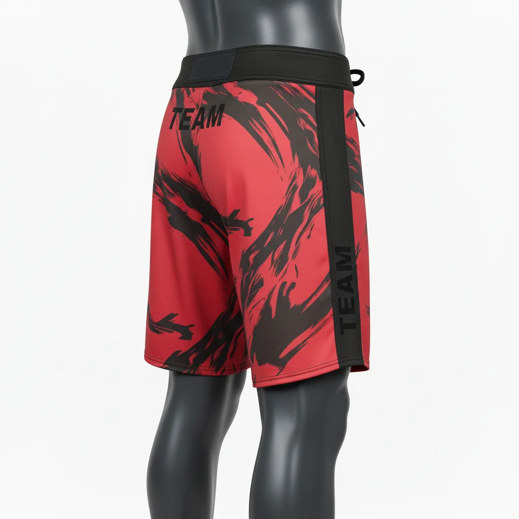 Custom Wrestling Board Style Fight Shorts - Black - Board Shorts Cardinal Panel - Front View - HAMCO Sports Inc.