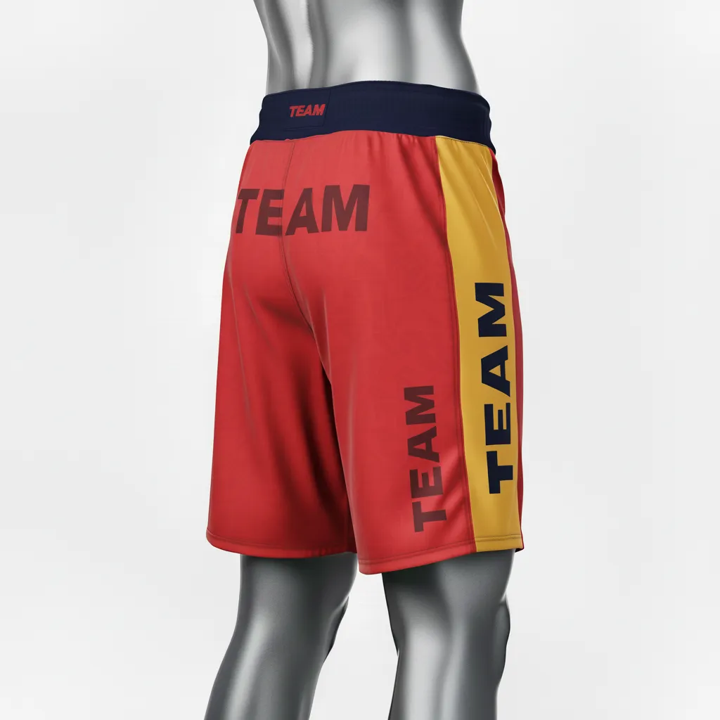 Custom Wrestling Board Style Fight Shorts - Gold - Board Shorts Cardinal Vegas Panel - Side View - HAMCO Sports Inc.