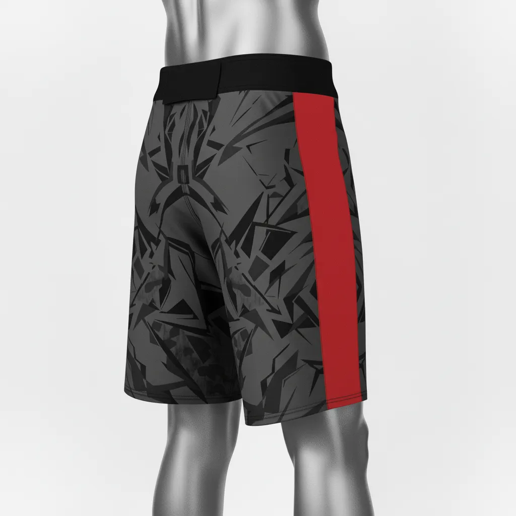 Custom Wrestling Board Style Fight Shorts - Red - Board Shorts Charcoal Stripe - Back View - HAMCO Sports Inc.