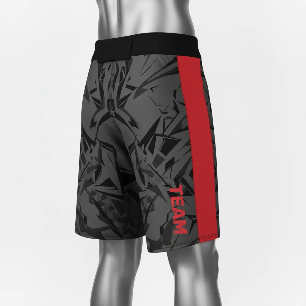 Custom Wrestling Board Style Fight Shorts - Red - Board Shorts Charcoal Stripe - Front View - HAMCO Sports Inc.