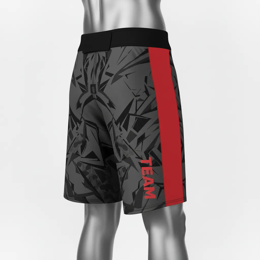 Custom Wrestling Board Style Fight Shorts - Red - Board Shorts Charcoal Stripe - Side View - HAMCO Sports Inc.