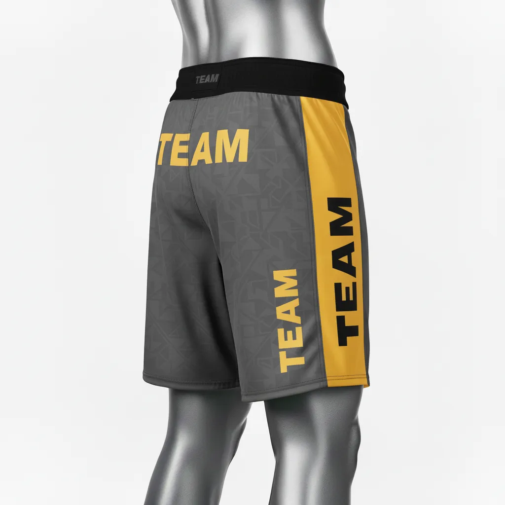 Custom Wrestling Board Style Fight Shorts - Gold - Board Shorts Charcoal Vegas Stripe - Back View - HAMCO Sports Inc.