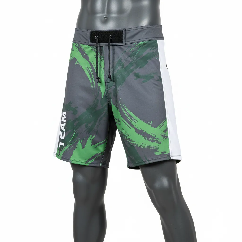 Custom Wrestling Board Style Fight Shorts - White - Board Shorts Charcoal Panel - Front View - HAMCO Sports Inc.