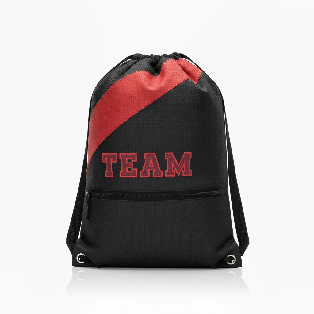 Custom Wrestling Cinch Bag - Black, Red - Cinch Bag Contrast Stripe - Front View - HAMCO Sports Inc.