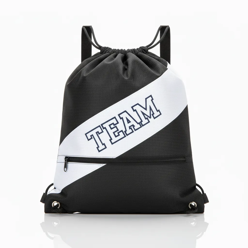 Custom Wrestling Cinch Bag - Black, White - Cinch Bag Contrast Stripe - Front View - HAMCO Sports Inc.