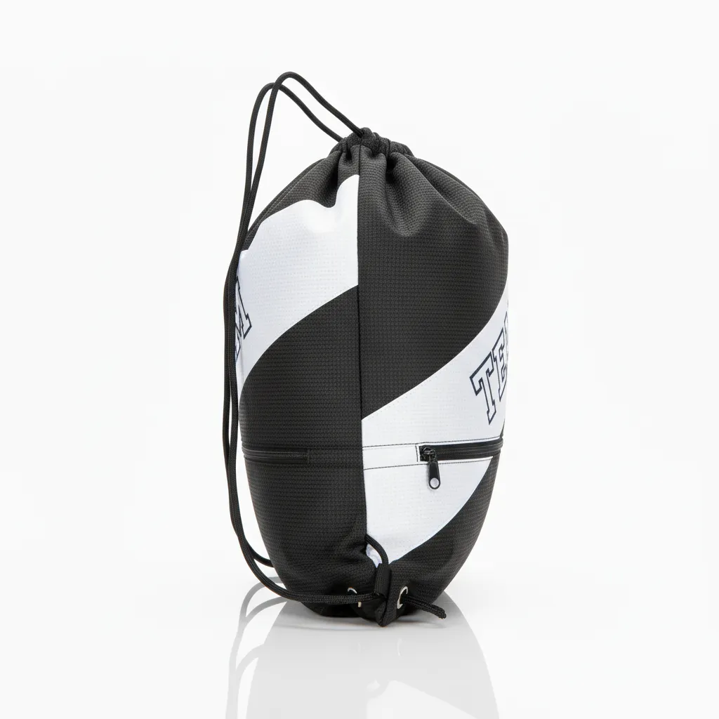 Custom Wrestling Cinch Bag - Black, White - Cinch Bag Contrast Stripe - Side View - HAMCO Sports Inc.