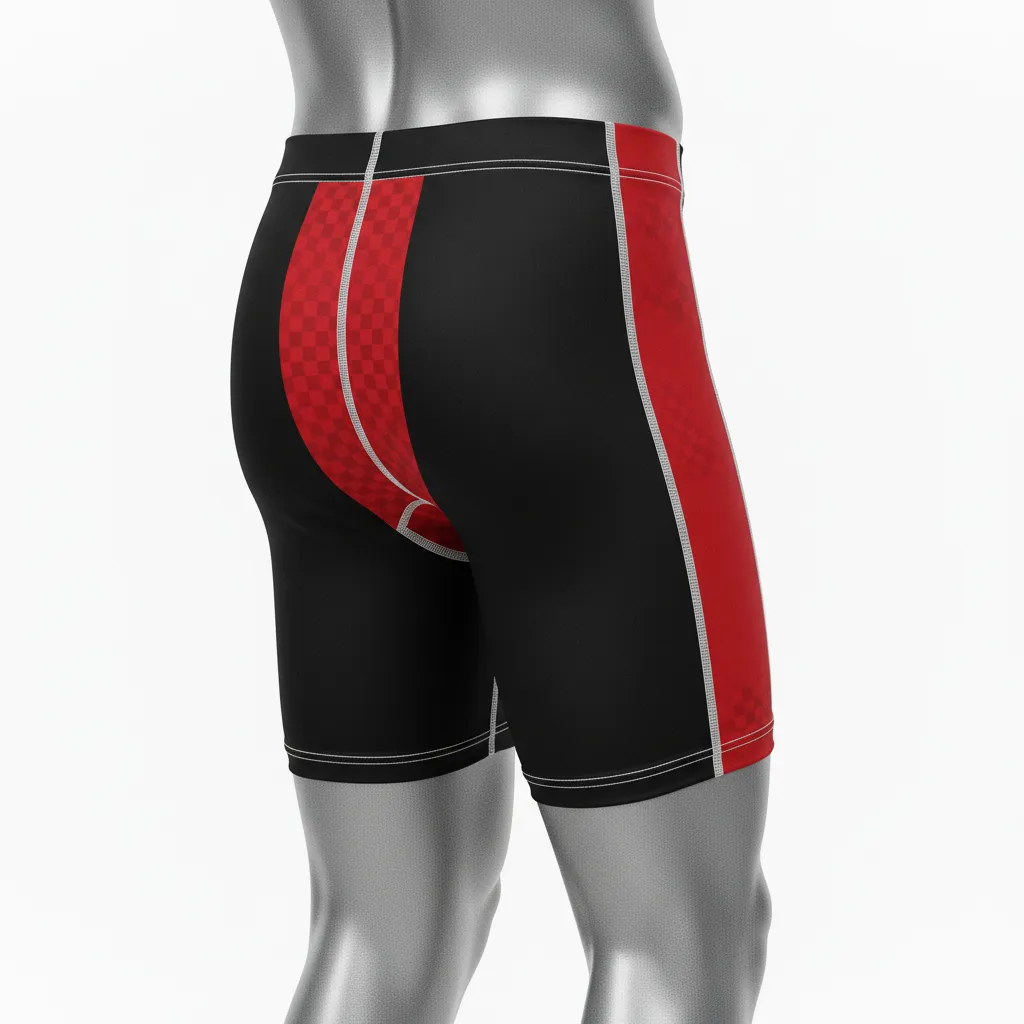 Custom Wrestling Compression Shorts - Black, Red - Compression Shorts Stripe Accent - Back View - HAMCO Sports Inc.