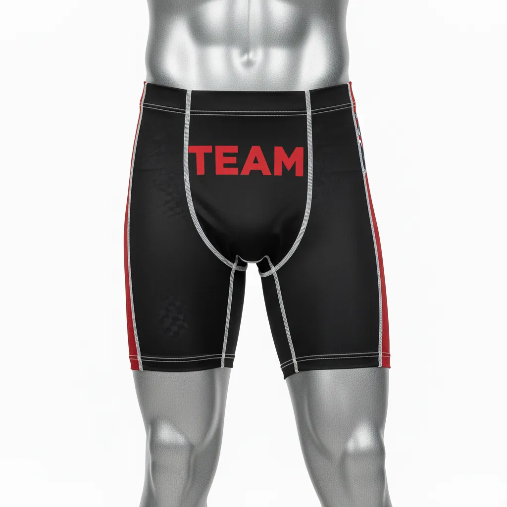 Custom Wrestling Compression Shorts - Black, Red - Compression Shorts Stripe Accent - Front View - HAMCO Sports Inc.