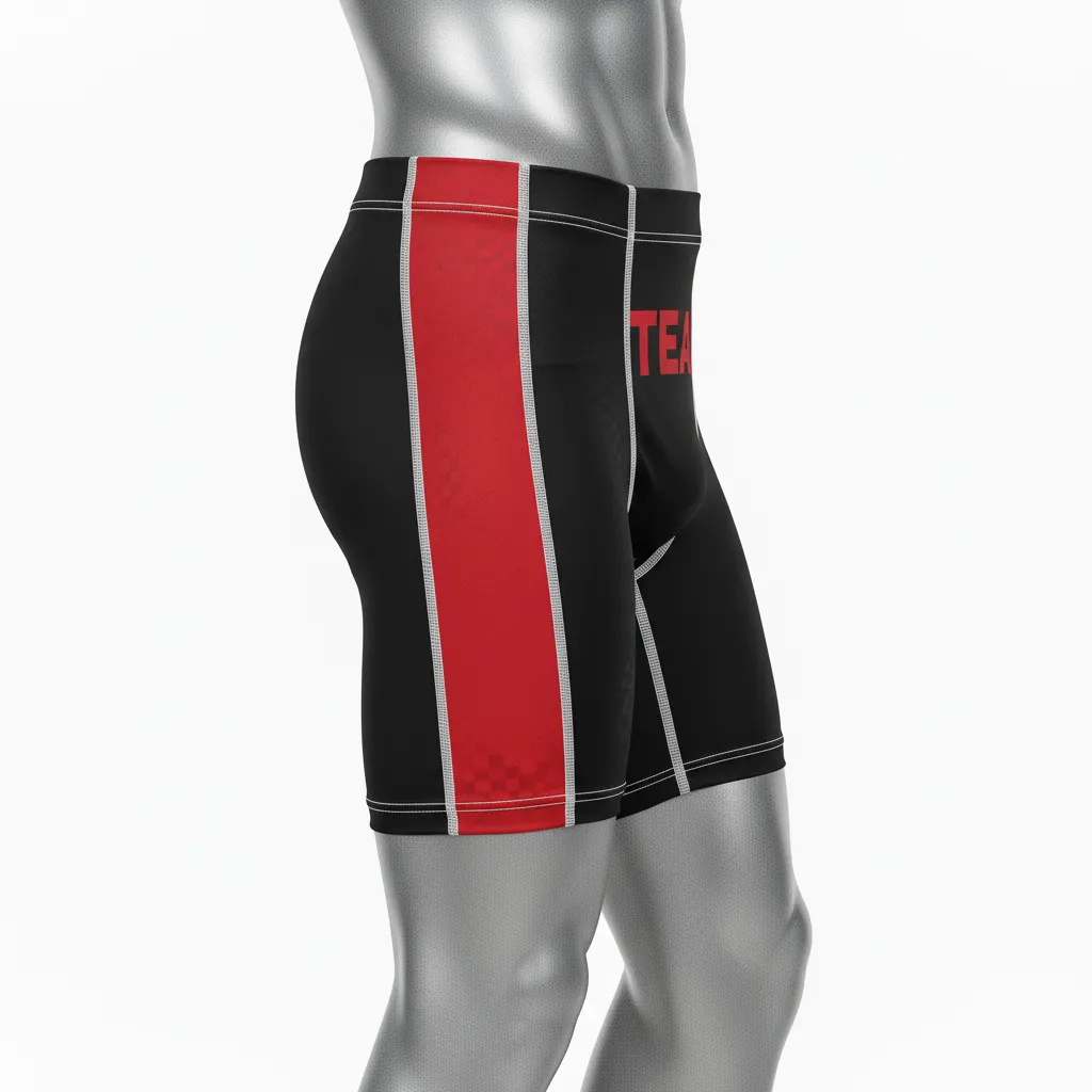 Custom Wrestling Compression Shorts - Black, Red - Compression Shorts Stripe Accent - Side View - HAMCO Sports Inc.