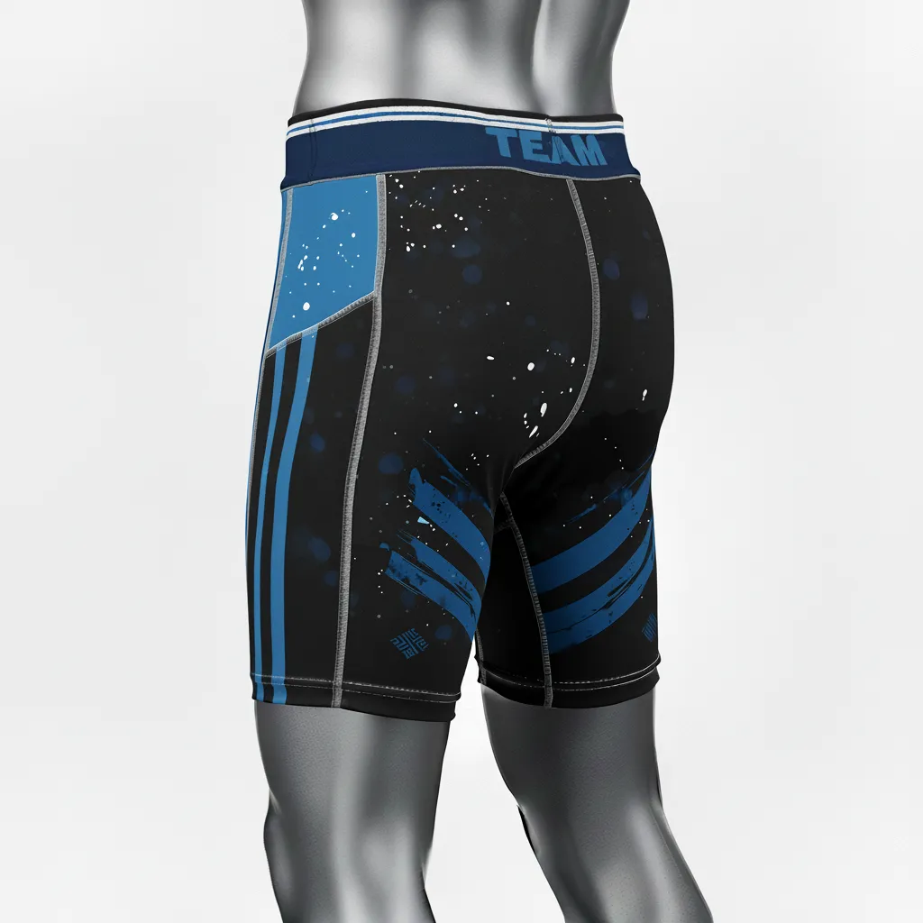 Custom Wrestling Compression Shorts - Black - Compression Shorts Royal Stripe - Back View - HAMCO Sports Inc.
