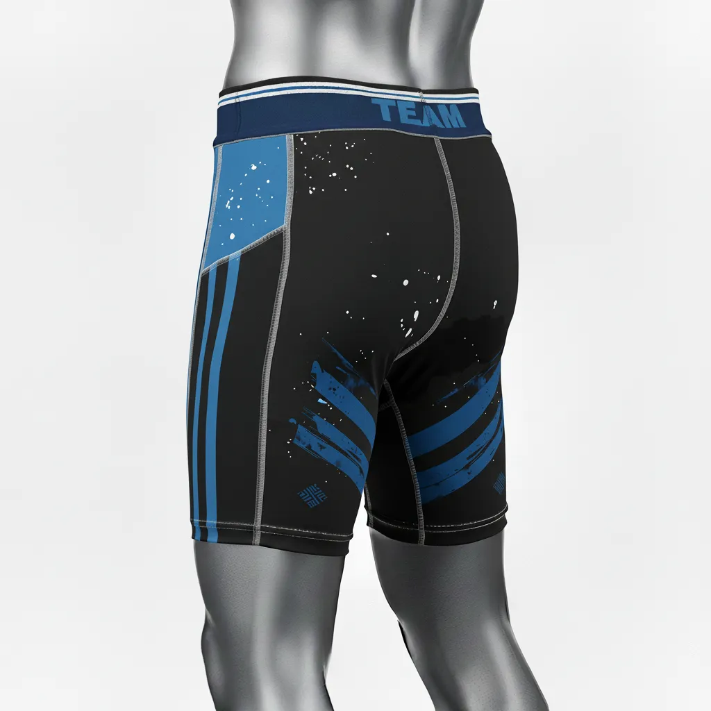 Custom Wrestling Compression Shorts - Black - Compression Shorts Royal Stripe - Front View - HAMCO Sports Inc.