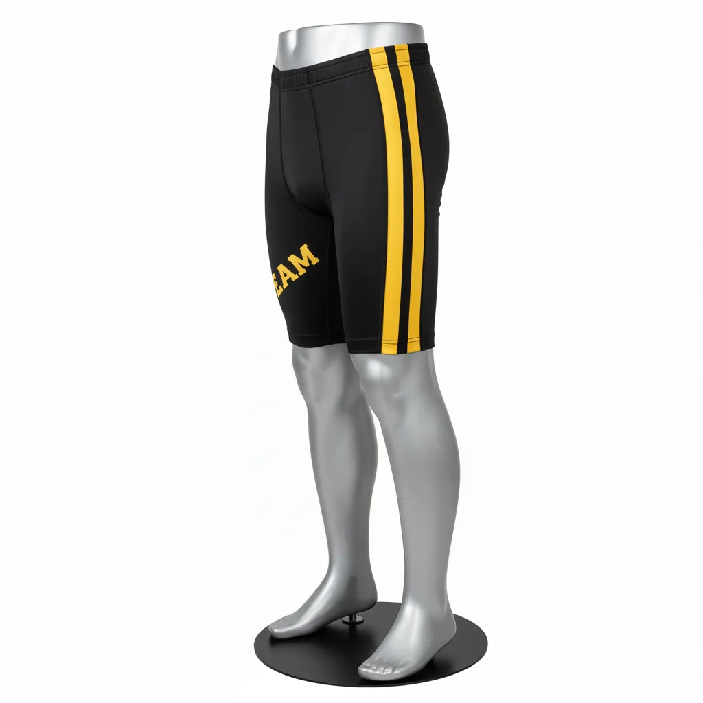 Custom Wrestling Compression Shorts - Black, Gold - Compression Shorts Vegas Dual Stripe - Side View - HAMCO Sports Inc.
