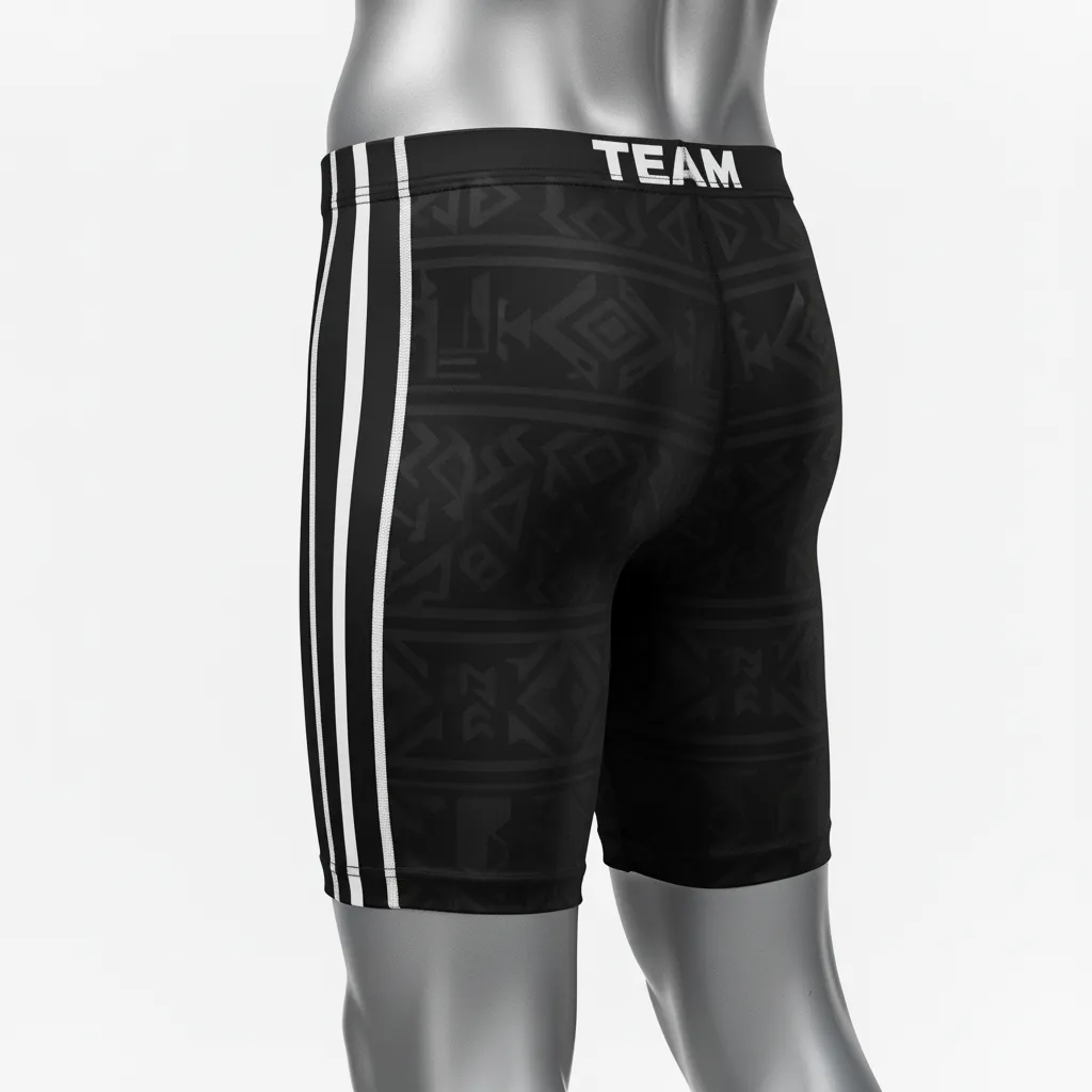 Custom Wrestling Compression Shorts - Black, White - Compression Shorts Side Stripe - Back View - HAMCO Sports Inc.