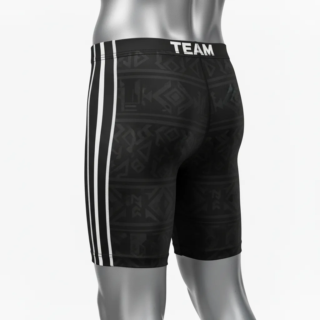 Custom Wrestling Compression Shorts - Black, White - Compression Shorts Side Stripe - Front View - HAMCO Sports Inc.