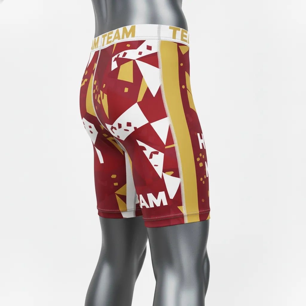Custom Wrestling Compression Shorts - Burgundy, Gold - Compression Shorts Vegas Stripe - Side View - HAMCO Sports Inc.