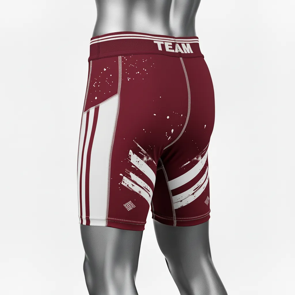 Custom Wrestling Compression Shorts - Burgundy, White - Compression Shorts Stripe - Back View - HAMCO Sports Inc.