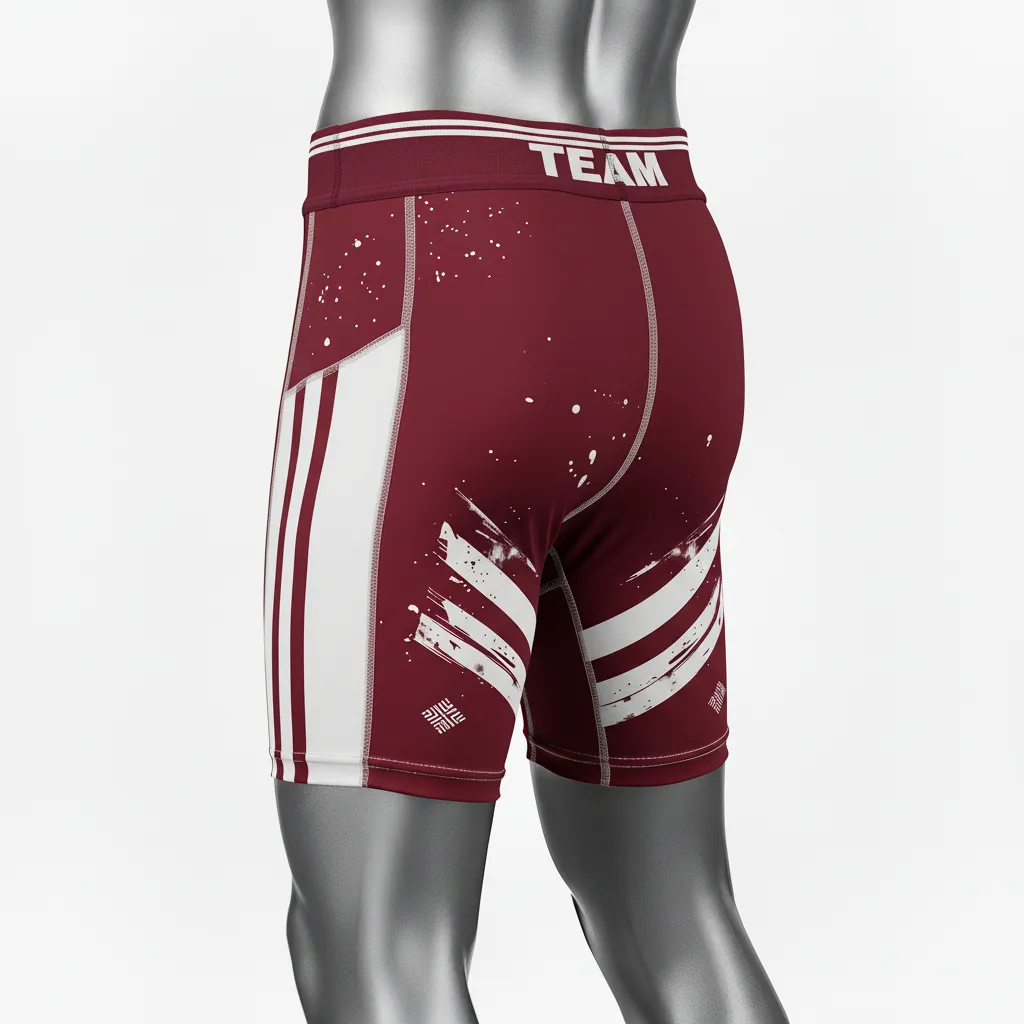 Custom Wrestling Compression Shorts - Burgundy, White - Compression Shorts Stripe - Front View - HAMCO Sports Inc.